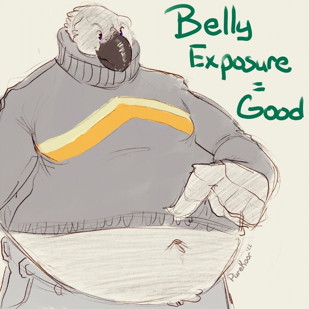 Digital sketch of anthro birb pointing beneath their long sleeve turtle neck shirt, pointing to their belly. The text reads "belly exposure = good"