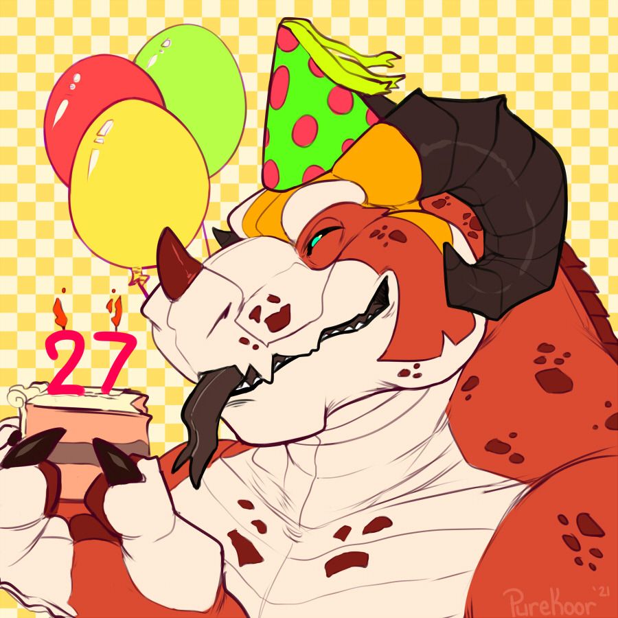 Digital drawing of koor the anthro dragon holding a piece of cake with 27 on the top of it. He's very happy with a couple of balloons and party hat on