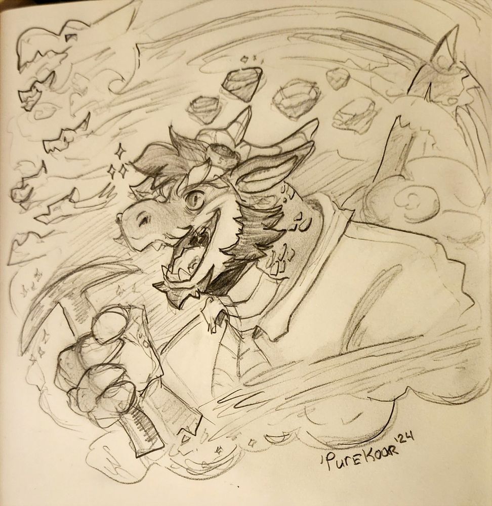 Pencil and Paper drawing of Gamutfeathers holding the spyro glimmer pixaxe talisman as they smile off to the distance. In the background is gems, and smokey/cloudy dragons 