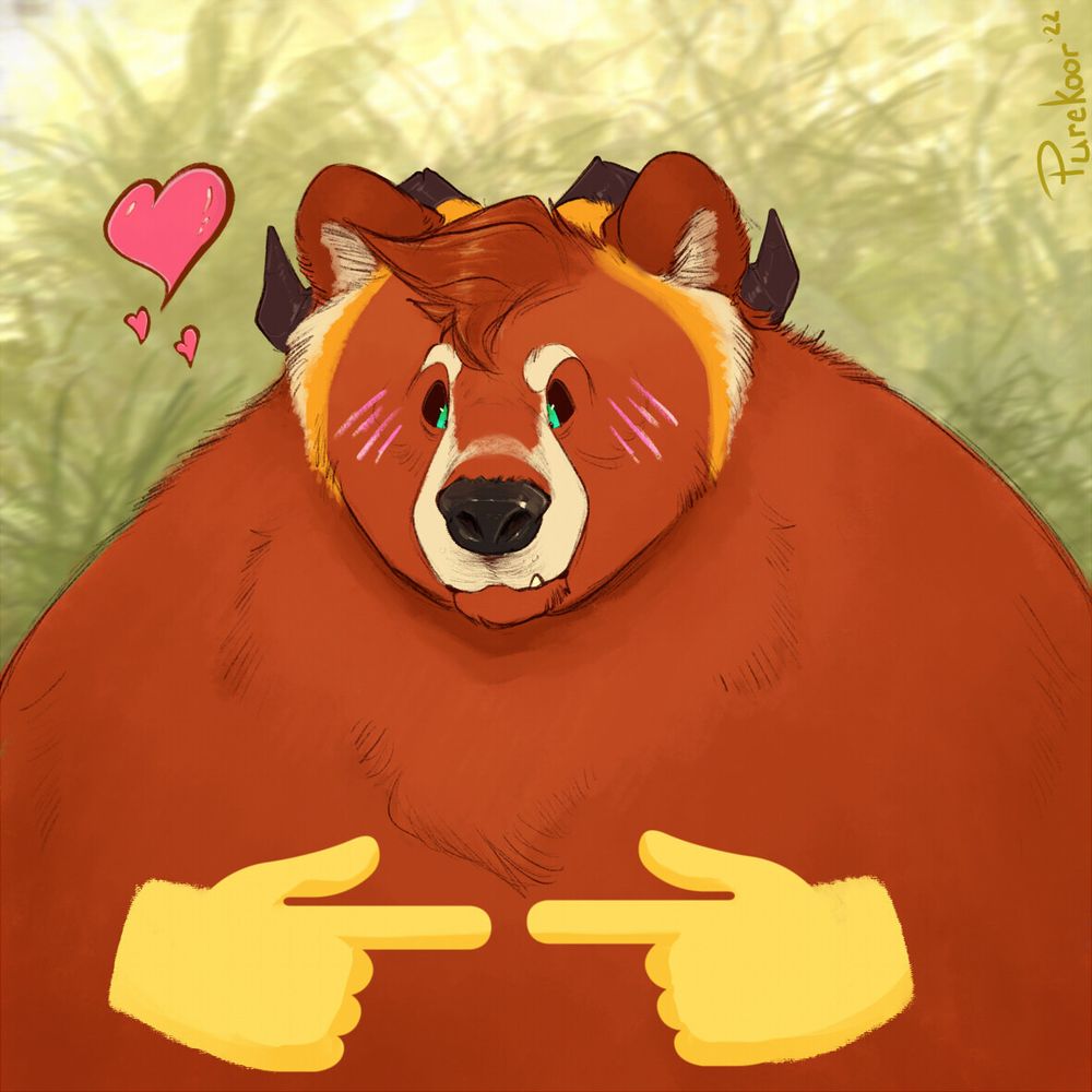 digital drawing of koor now as a very rotund bear, looking down very shy/nervously. Pointer fingers touching like in the anime/meme. Hearts floating with slight blushing