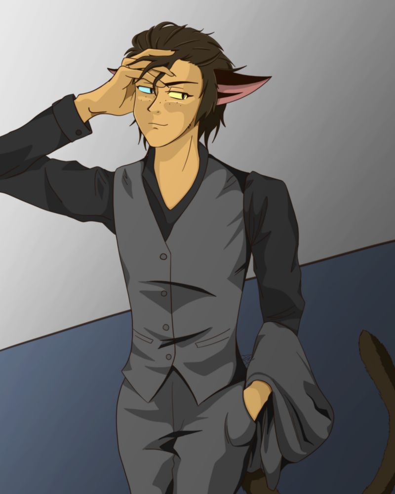 Catra smirks and runs her hand through her bangs. She is wearing a suit with the jacket draped over her arm and her hand in the pants pocket. Image 1 with a black shirt.
