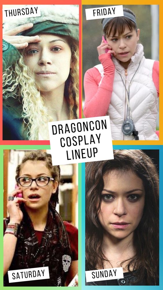 A collage of four orphan black clones: top left helena, top right Alison, bottom left cosima, bottom right is sarah.