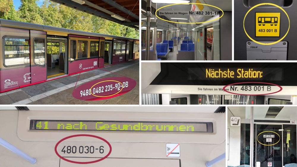 Collage aus Fotos, auf der die Wagennummern außen unten am Zug und innen unter den Zugzielanzeigern zu sehen sind. Fotos: Wiesner/Arndt
