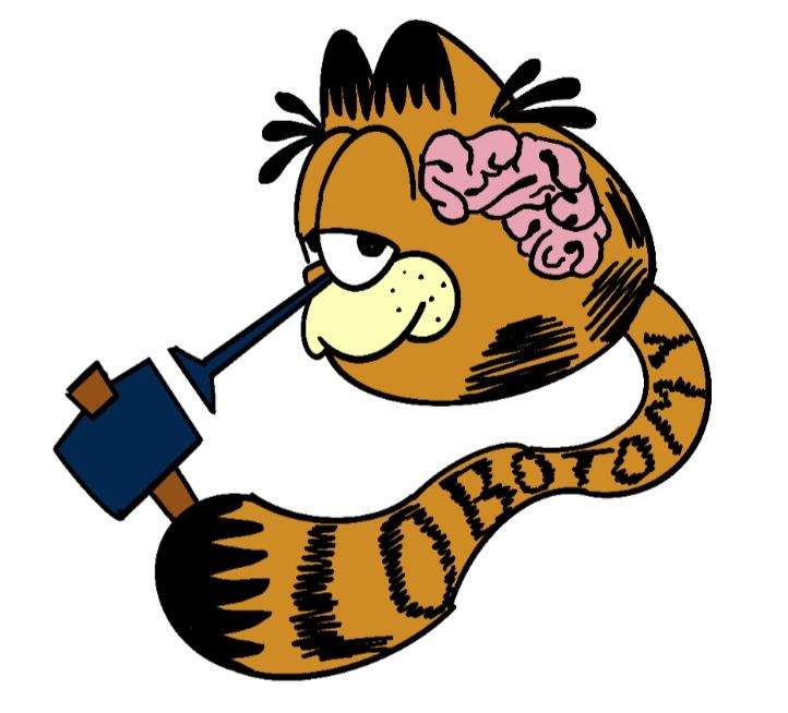 Garfield lobotomiaing himself. The marks on gis tail read lobotomy.

#garfield #art 