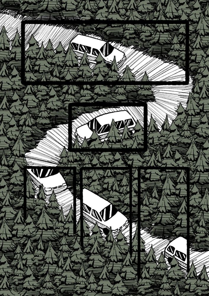 A car driving down a forest path.

 #comic #queer #art 🎨