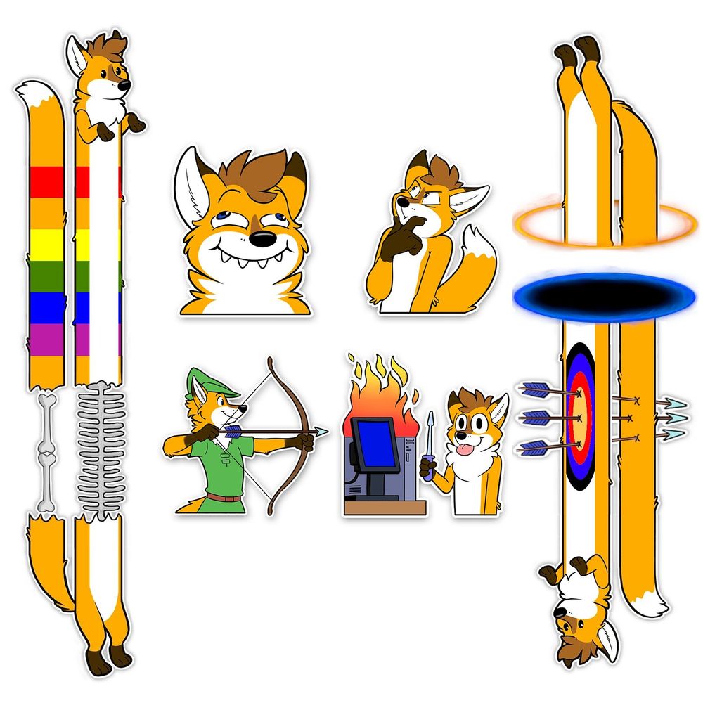Varios stickers of Foxbrush Tailwag, an orange coloured, anthropomorphic (as in: Disney cartoons) fox.
On the left and right there are very long fox, consisting of multiple parts, including a rainbow coloured body and tail, a skeleton part, an orange and blue portal, a target with arrows through it etc.
You can create your own by sticking the pieces together.

In the middle there are four stickers, Foxbrush with a very stupid grin, him pensively scratching his chin, dressed up as an archer like Robind Hood and doing a blep with screwdriver in hand, next to a burning computer.