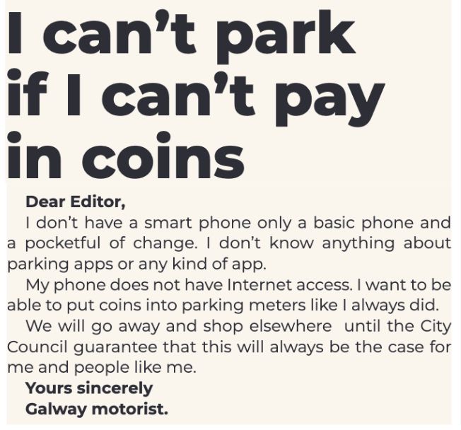 screenshot of a letter p.18 of the Galway Advertiser edition of the 16th October 2025. About the difficulties to pay for parking in Galway without a smartphone.