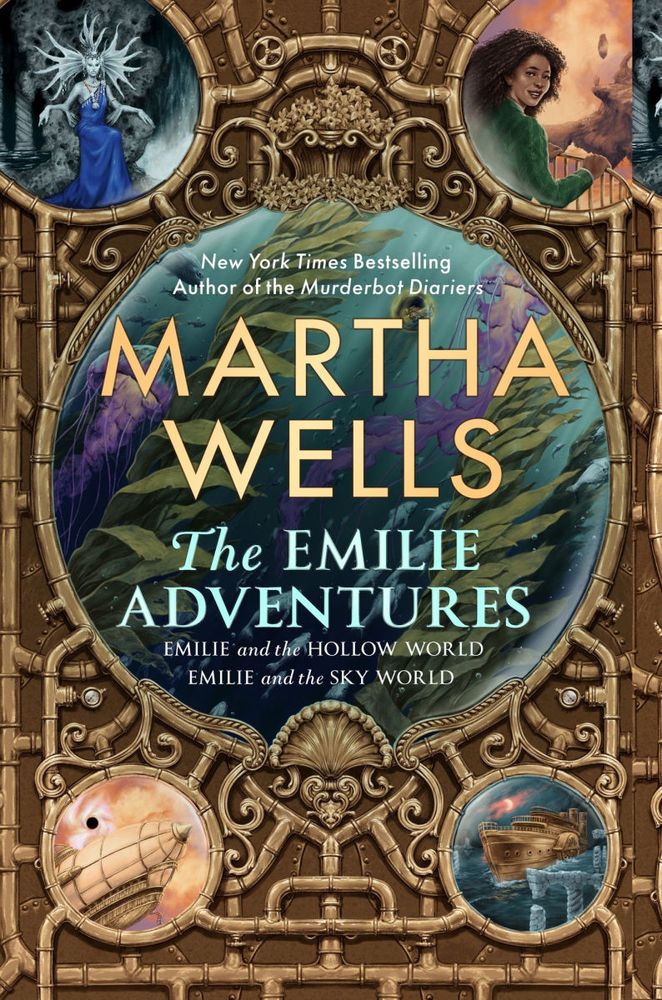 The Emilie Adventures: Emilie and the Hollow World and Emilie and the Sky World. The cover is steampunk-ish, with inset round images of an airship, a steam-powered boat, a fae-looking queen, and Emilie.