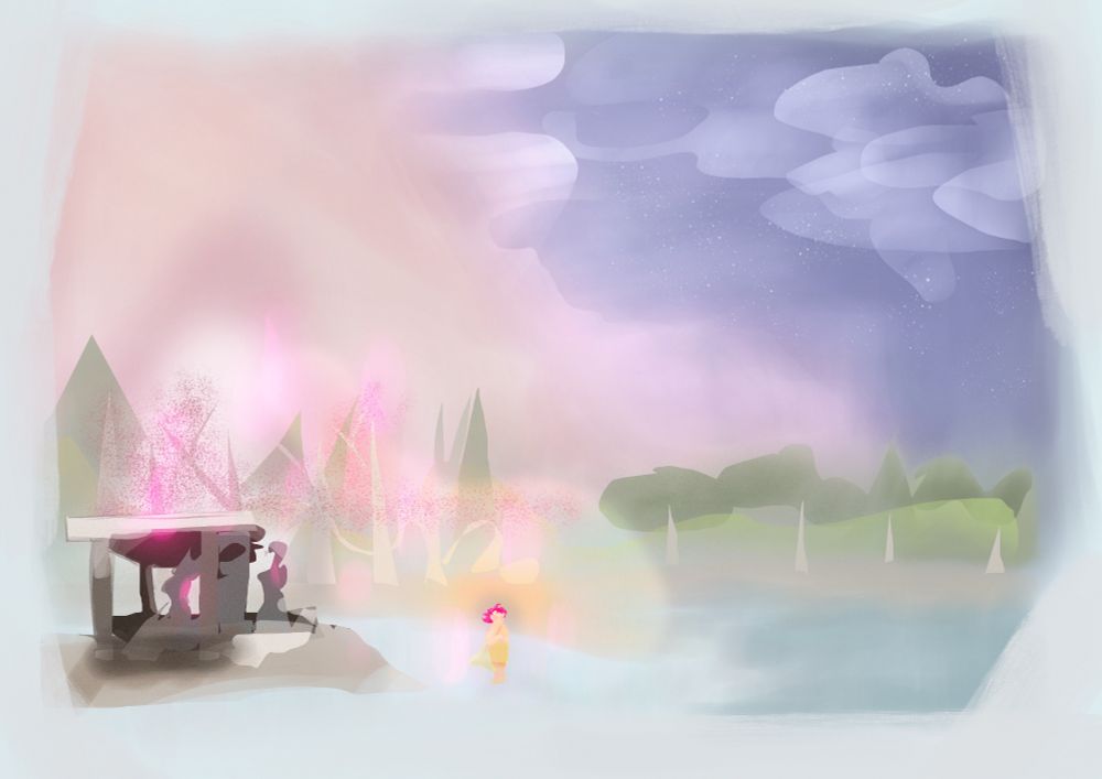 Soft, not detailed picture of a pink haired man in a tunic standing knee deep in a lake beside a temple. A scene from Bright Spring by me, Em Strange