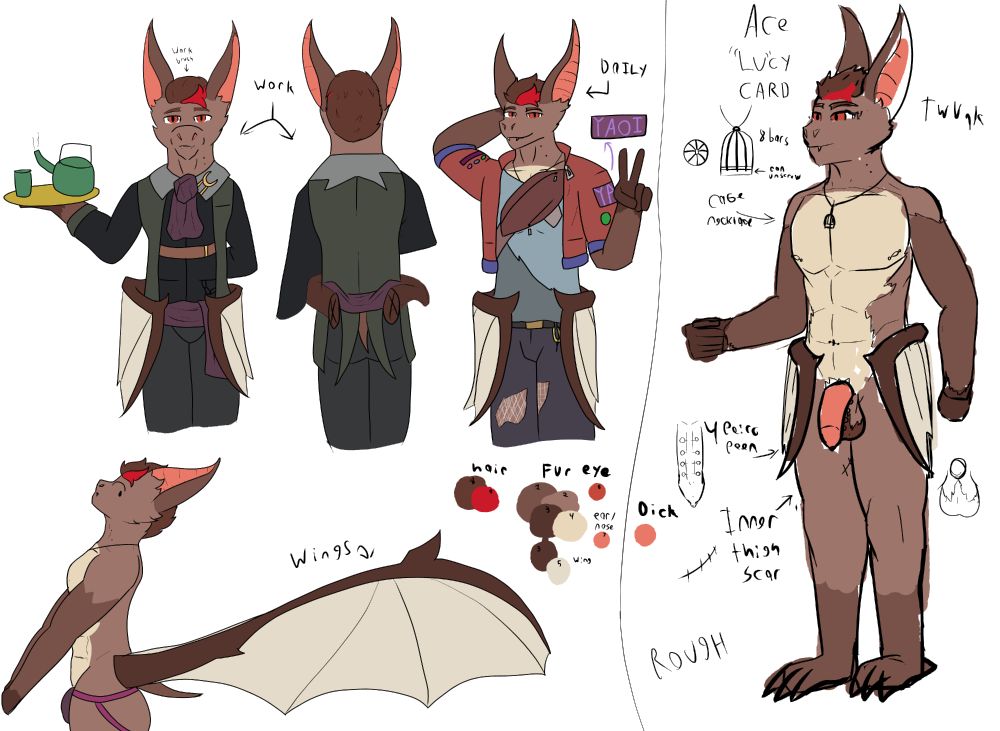 A ref sheet for a bat furry named Ace. There is a front and back shot of his work attire dressed in very formal clothing with alterations to his hair to be more kept. A front of veiw of his every day clothes where his hair is more messy and his clothes more raggedy. Bellow is his hip wings extended. Last, on the right side is a rougher sketch of him nude, with little denotations of things about him, such as his cage neckalce, his inner thigh scar, and his dick piercings.