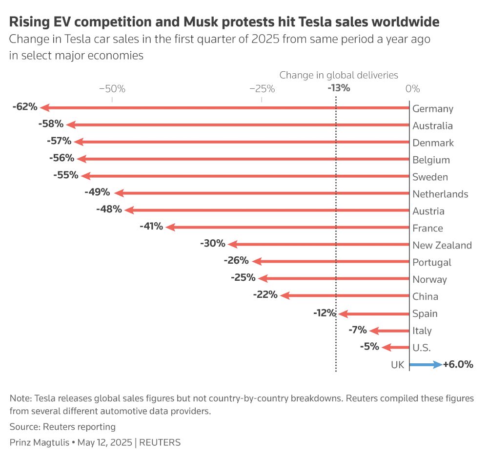 A chart that shows the change in Tesla car sales in the first quarter of 2025 from same period a year ago in select major economies.