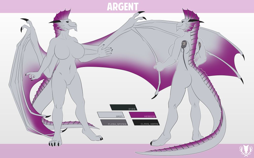 A silver dragoness in two poses. 