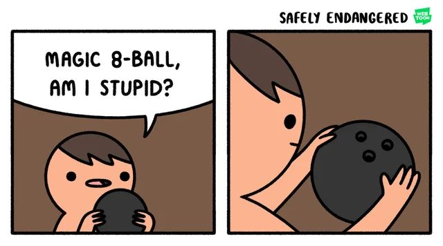 A 2-panel comic from Safely Endangered, with the first panel showing a man holding a black ball and saying: "Magic 8-Ball, am I stupid?".  The second panel shows the man from a different angle, and it becomes apparent that the black ball he's holding is, in fact, a bowling ball.