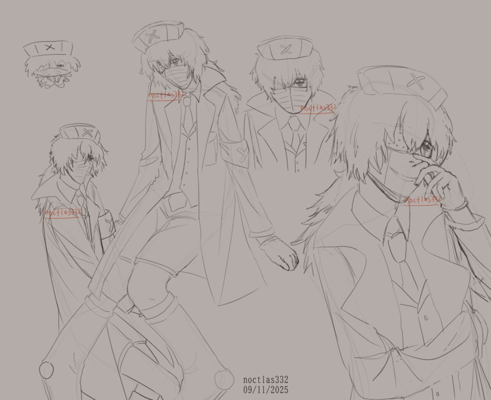 uncoloured digital sketch of the p2 version of utau ambulance ata. there is a tiny chibi, a large full body drawing of him sitting, another drawing of him sittin under that one cut off at the knees, a head shot of him looking forward, and a drawing of him from the waist up without his mask, smiling and bringing a hand to his face