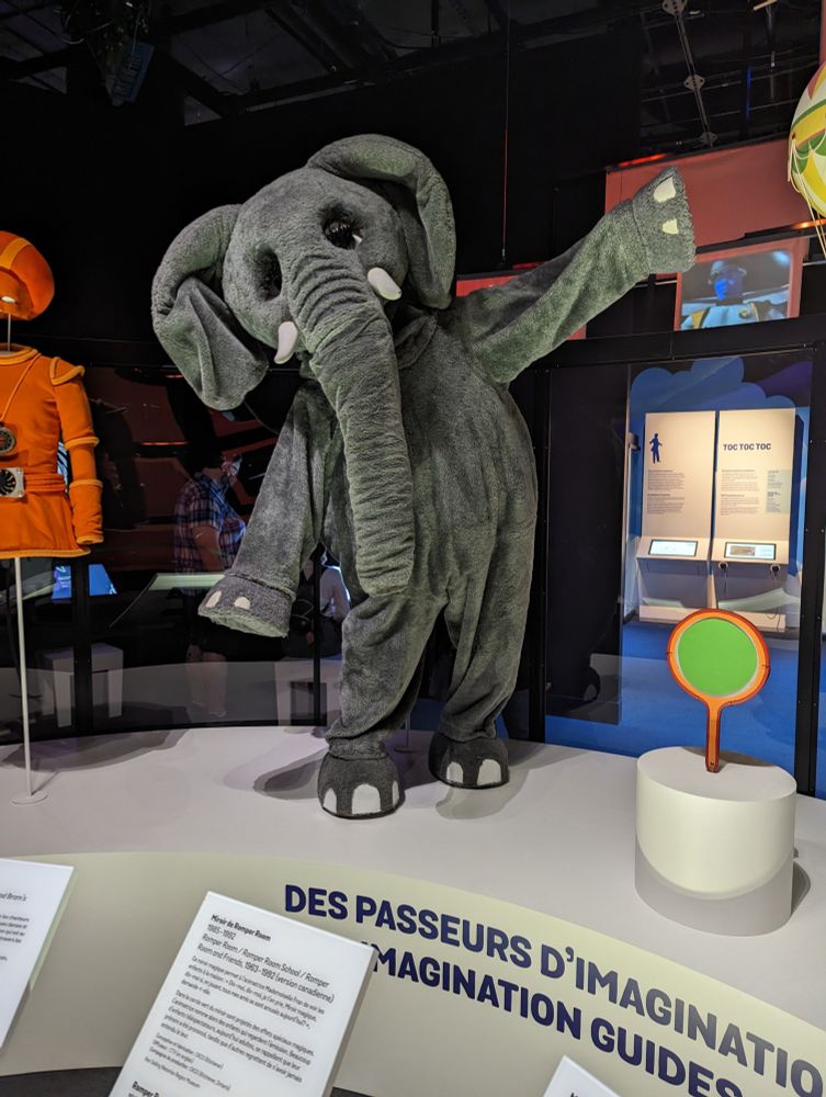 A large grey elephant costume, featured on The Elephant Show with Sharon, Lois and Bram 