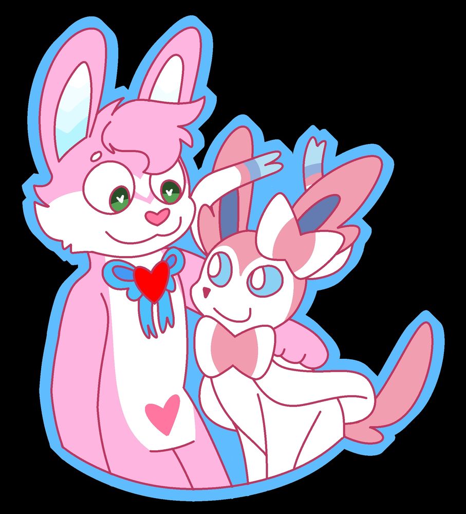 My pink bunny fursona Sugarbun with Sylveon and they are looking at eachother all cute. Art by BeanieBuddies!