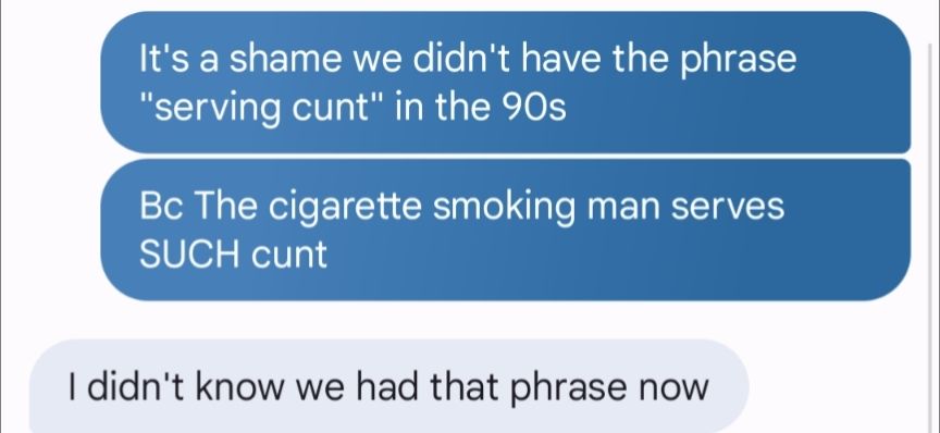 Text conversation:
Me: It's a shame we didn't have the phrase "serving cunt" in the 90s
Me: Bc The cigarette smoking man serves SUCH cunt
My husband: I didn't know we had that phrase now