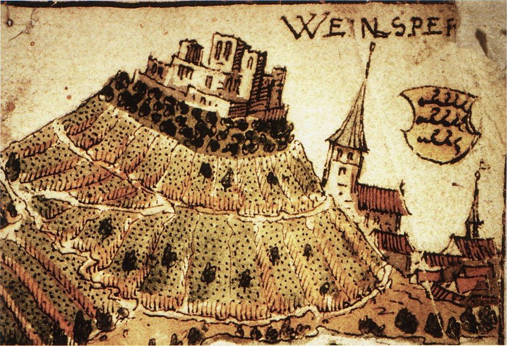 Weinsberg, from a 1578  map of the area. Hauptstaatsarchiv Stuttgart C 3 T 449 via Wikimedia Commons