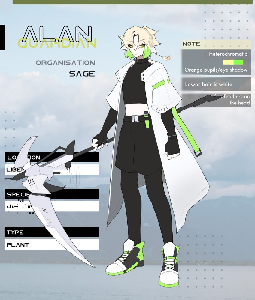 A reference sheet of my original character featuring its important details. It has a futuristic outfit and holds a scythe 