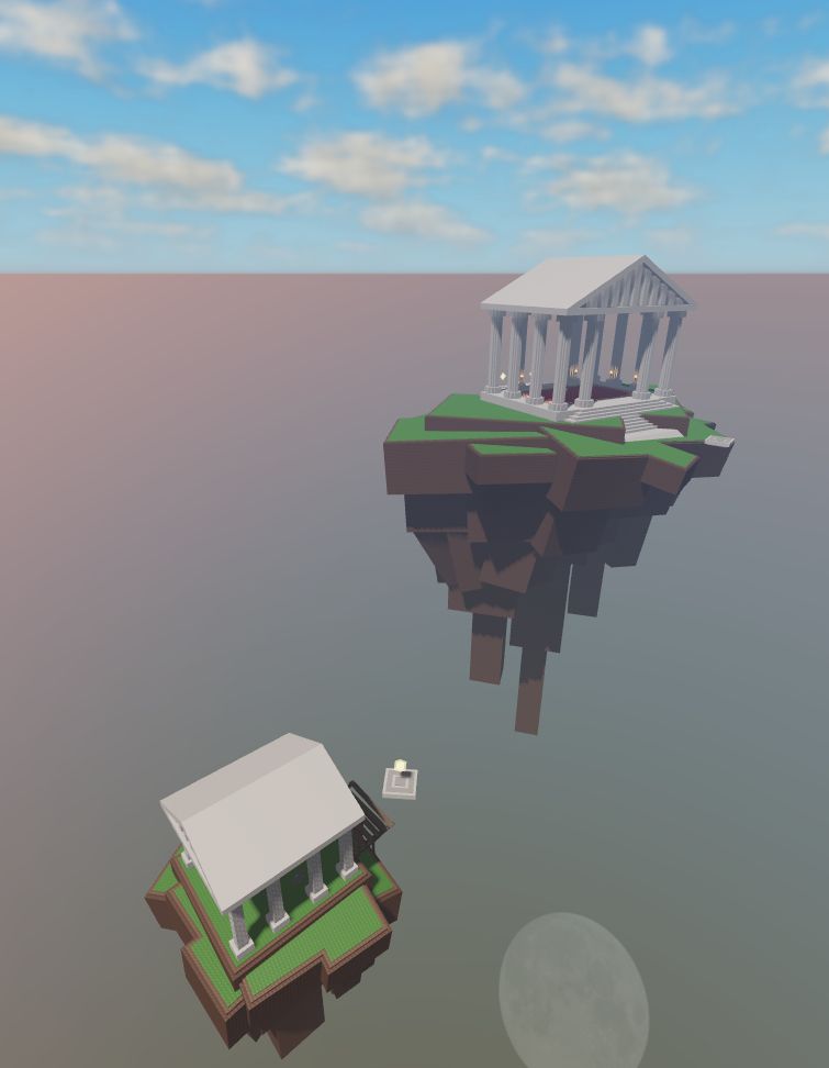 Two Islands with temples on them, one larger than the other.