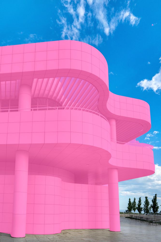 A photo of the Getty Center's main building, edited to look pink instead of white.
