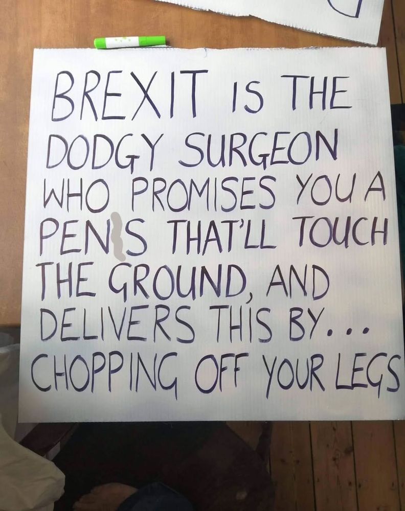 BREXIT IS THE
DODGY SURGEON
WHO PROMISES YOU A
PENS THAT'LL TOUCH
THE GROUND, AND
DELIVERS THIS BY..
CHOPPING OFF YOUR LEGS