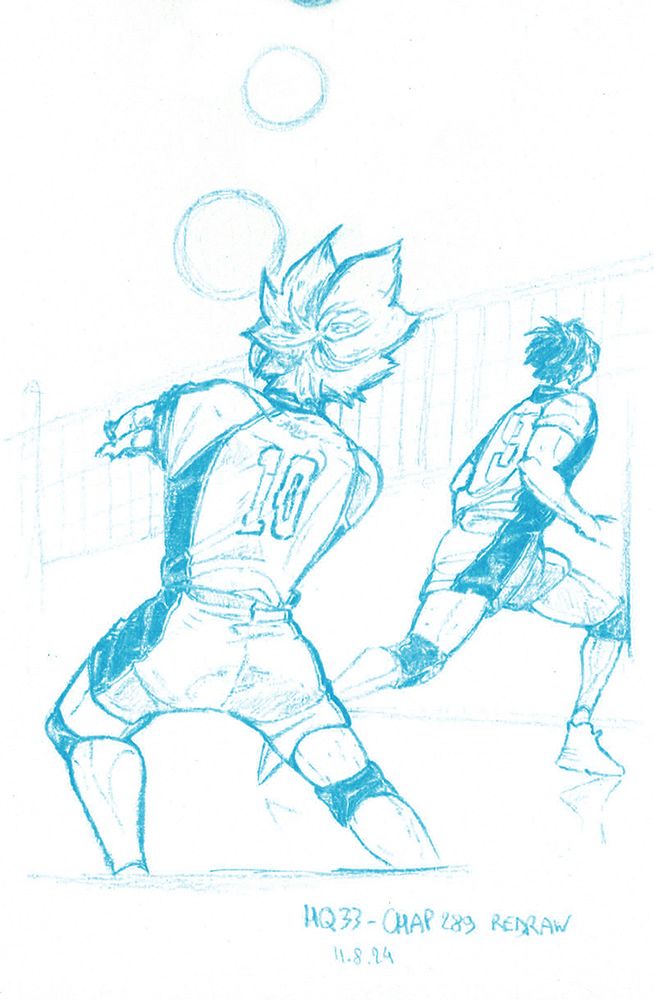 redraw of a panel from the manga haikyu. hinata and kageyama are shown in the drawing. hinata has just done a receive and kageyama is rushing to the net. drawing made with mechanical colored pencil. the drawing is all in cyan colored lines.
