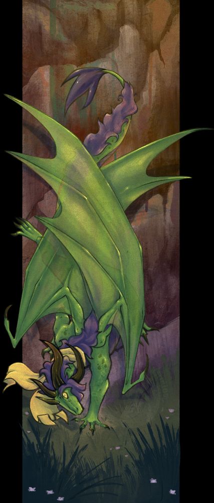 Full illustration of a quadrupedal green-and-purple dragon. They descend a rocky cliff into a field of purple/white flowers.