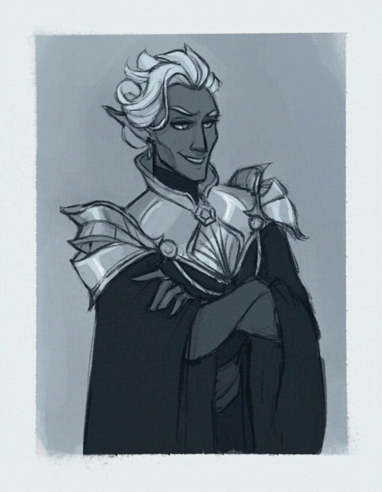 Black and white drawing of a drow, with wavy white slicked back hair, arms folded and adorned in a metal breastplate.