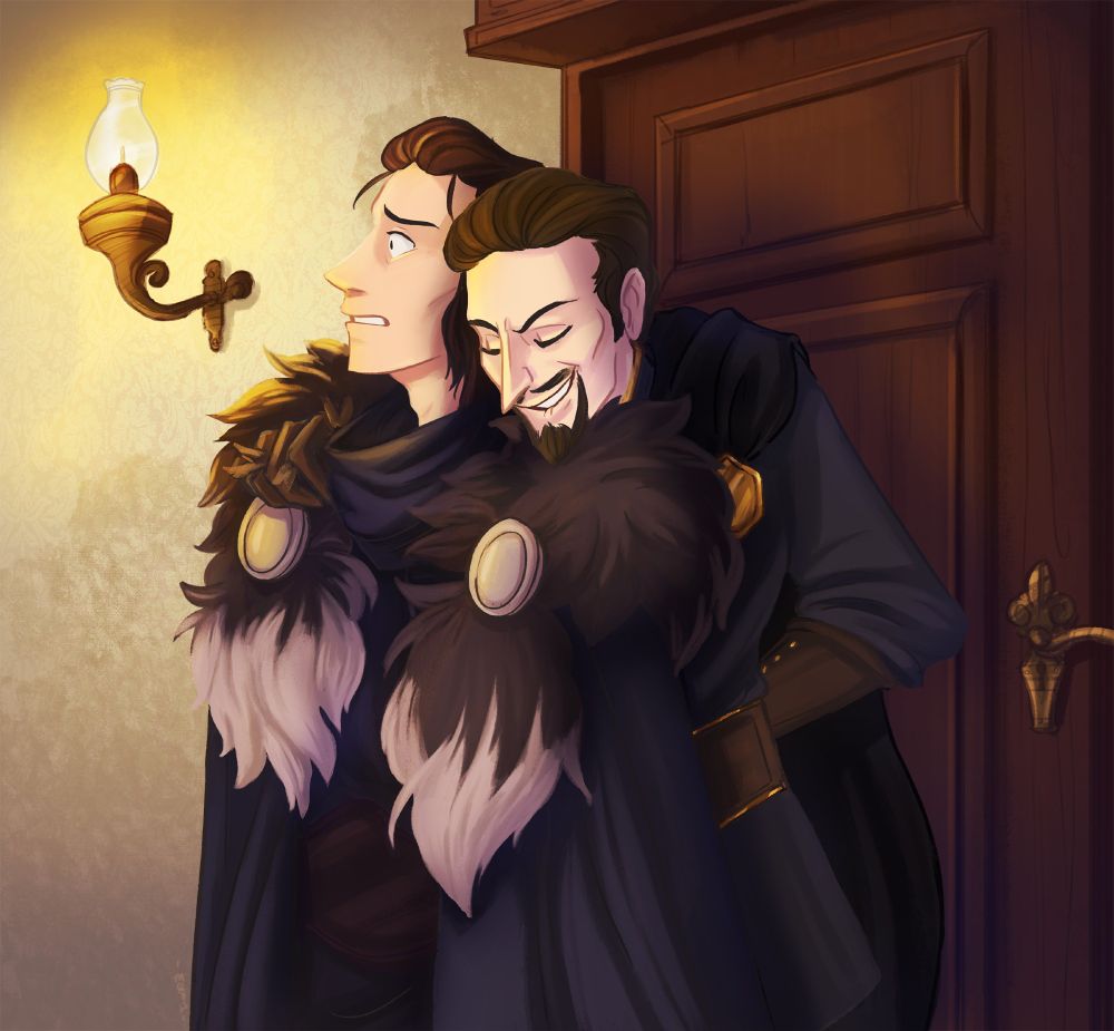 Digital painting of Lord Briarwood leaning in behind Vax after he had charmed him commenting on how he smells 'Delicious'.