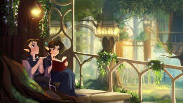 Twins Vax and Vex (from Critical Role) when they were young, sitting on a stone staircase in a tree top elven city.