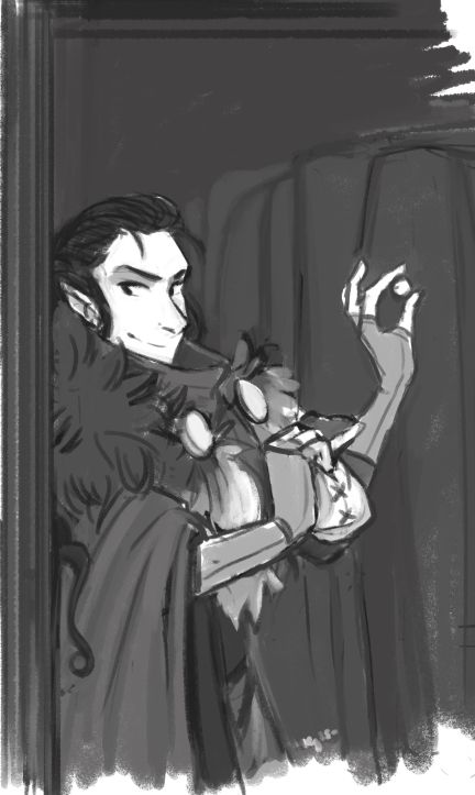 Sketch of Vax hiding in a closet and picking the pockets of the jackets hung inside, happily taking some coin.