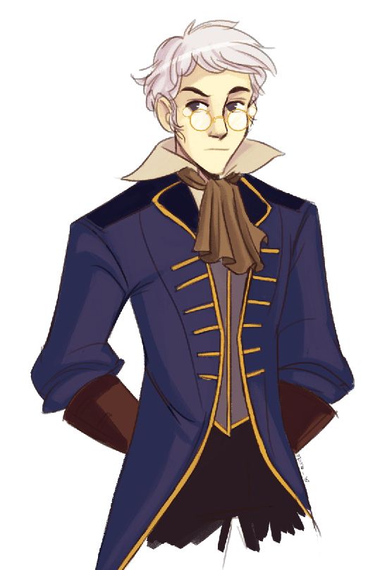 Simple sketch of Percy from Critical Role with his hands behind his back, dressed in a formal blue jacket with gold glasses.