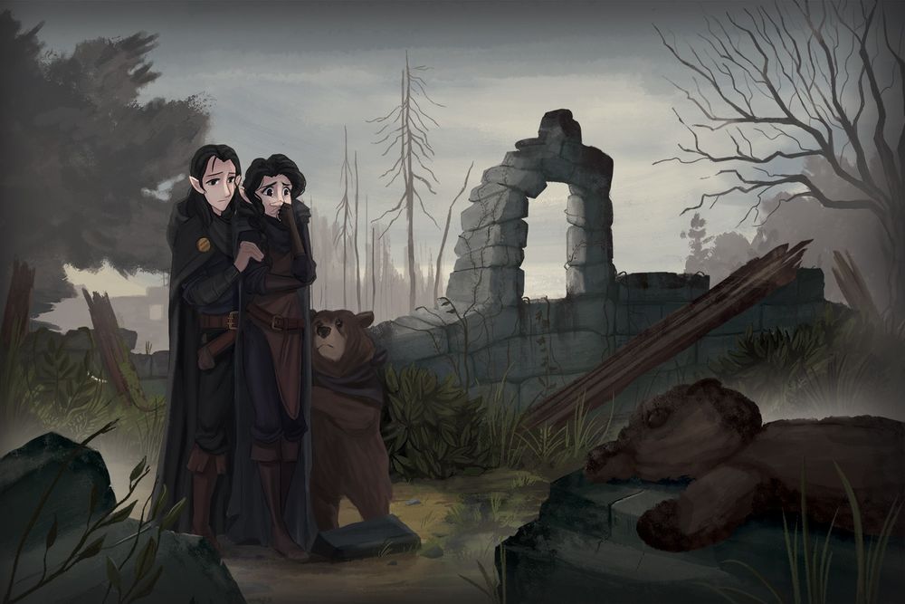 Digital painting of young Vax and Vex standing in the ruins of their hometown after it's destruction from a dragon attack.