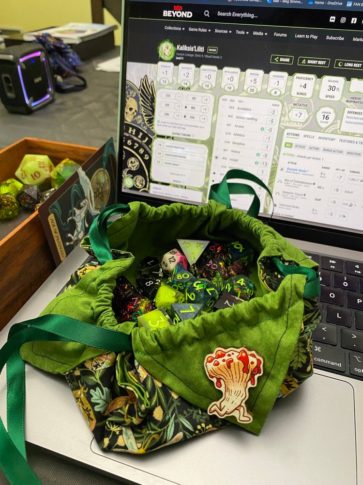 Photo of TTRPG dice, a dice bag with green fabric and bugs, computer screen with character sheet and dice box.