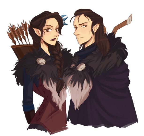 Simple sketch of Vax and Vex of Critical Role on a white background, dressed in their early outfits of furs and dark colour palettes.