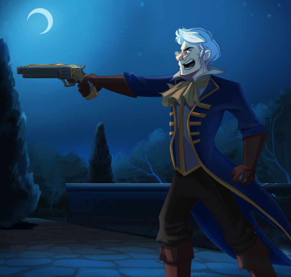 Digital Painting of Percy outside the manor in a garden area with the moonlight shining, aiming his gun towards Silas Briarwood and screaming his name.