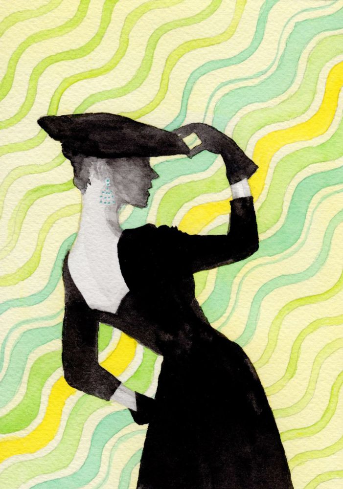 My painting of a fashion model in profile. She is leaning back at an angle with one hand on her hip and the other hand on her hat. She is all in tones of gray/black, except a blue chandelier earring. Her background is made up of yellow, green, and aqua wavy lines slanted at the opposite angle.