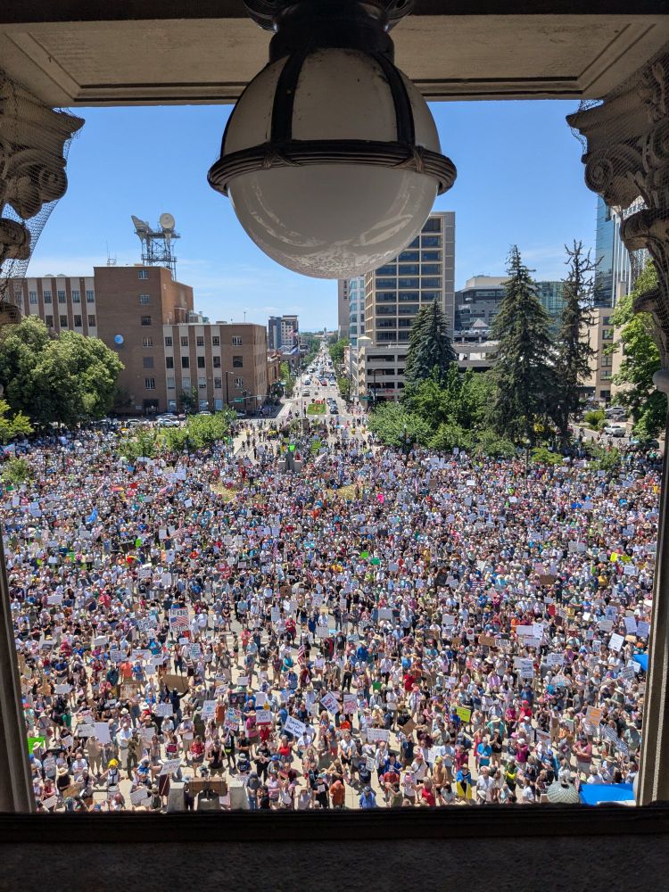 View of the No Kings protest from the 4th floor of the Boise Capitol Building