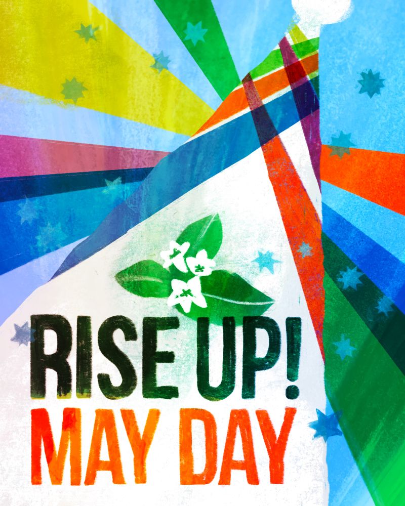 Illustration of a maypole with multicolored ribbons and mayflowers with the words Rise Up! May Day 