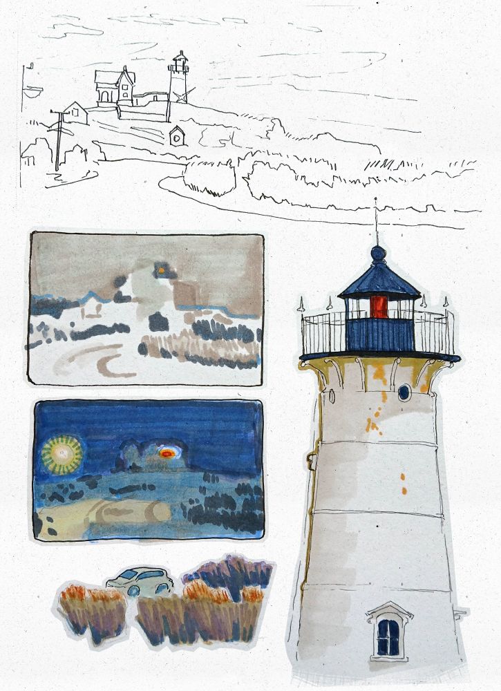 Sketchbook page of various drawings of Nubble Lighthouse. The first is a skeleton ink sketch, and the next two are rough marker drawings of different times of day; a grey snowy afternoon and blue dusk. There is a small marker study of a car parked behind dry brown grasses. The last sketch is a large drawing of the lighthouse tower; you can see the rust on it and the red light at the top.