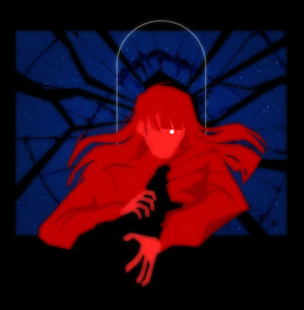 Kit Devlin, a figure in bright red, being slammed against a blue background so hard that it cracks. She has no distinguishable features except a bright white eye. A white arch outline curves over her head; it resembles both a ghost and a grave.