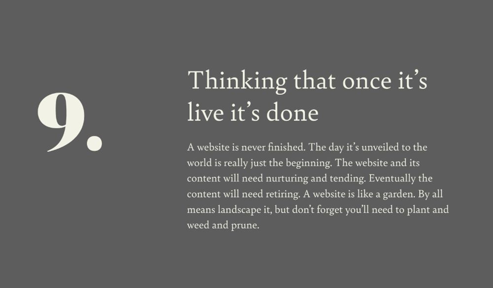 Screenshot from the Contentious website: "A website is like a garden. By all means landscape it, but don’t forget you’ll need to plant and weed and prune..."