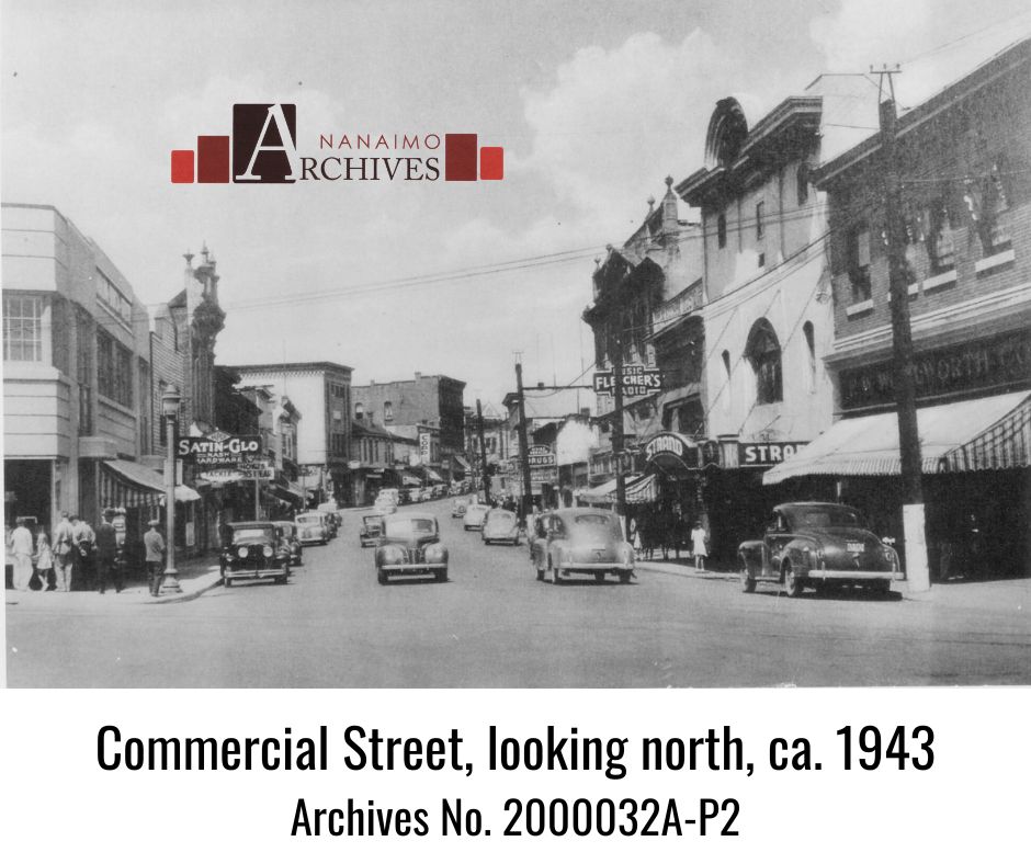 Photograph of Commercial Street, looking north from Terminal Avenue in Nanaimo British Columbia.  Taken around 1943.  Image from the Nanaimo Archives