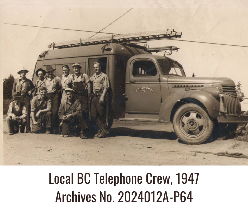 Group of workers posing in front of a BC Telephone service truck in 1947