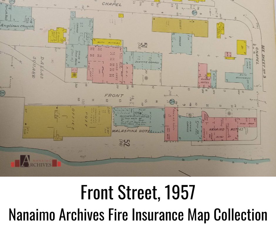 Fire insurance map of Front Street area in Nanaimo in 1957