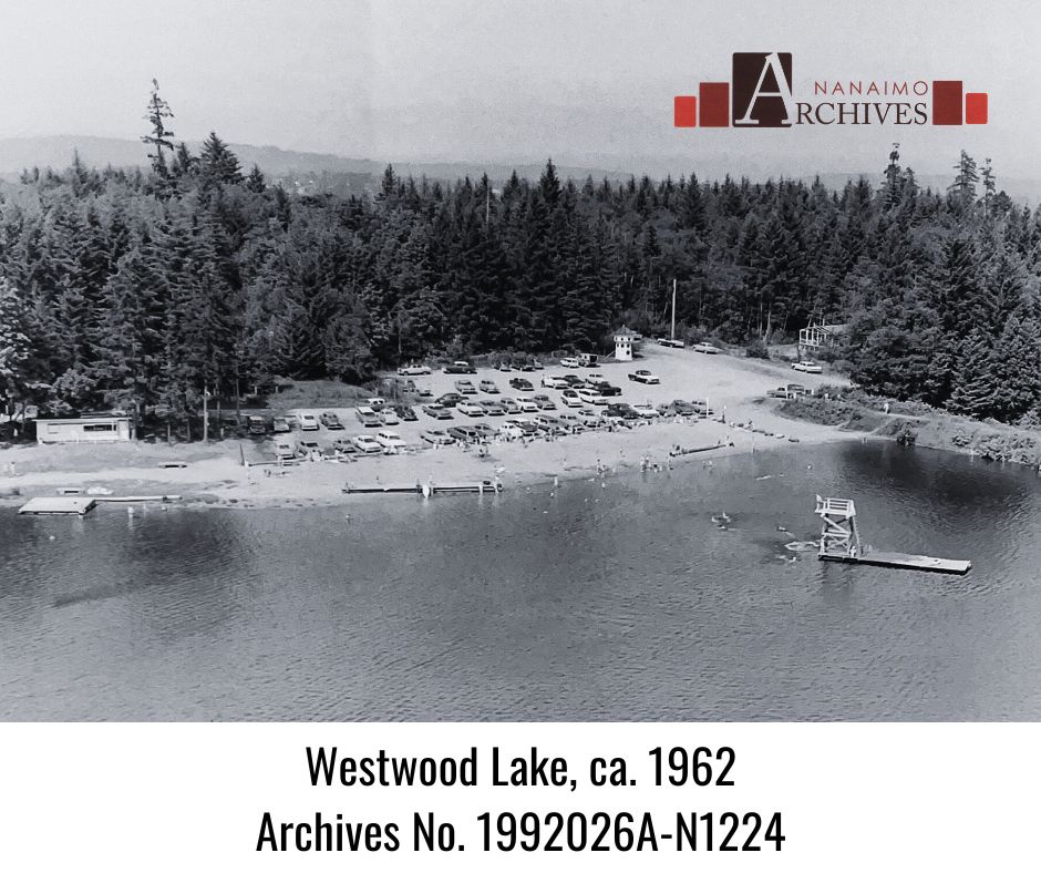 Aerial photograph of the beach area at Westwood Lake in Nanaimo, taken around 1962.