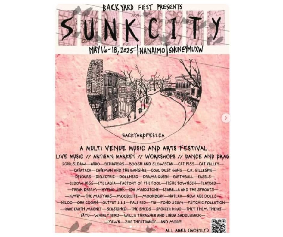 Copy of a poster for Victoria Crescent's Sunk City Music Festival, 2025.