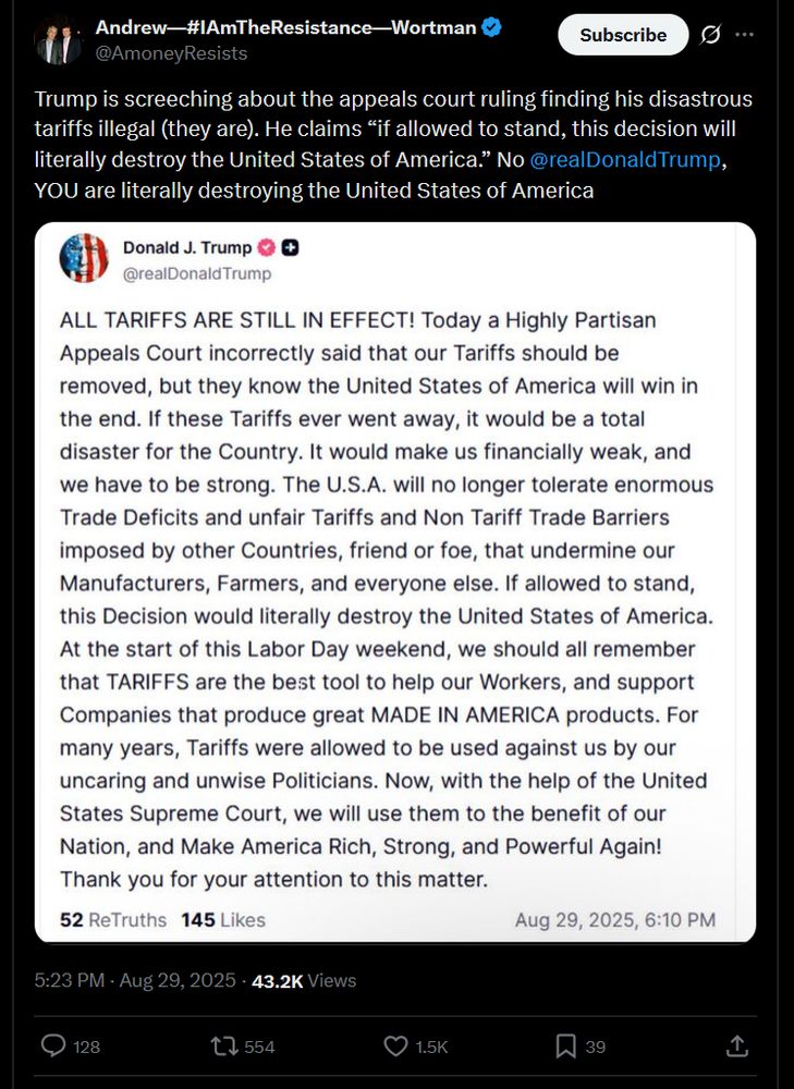 screenshot of Trump Truth Social post Aug 29 2025 6:10 pm