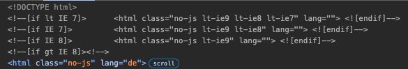 Alt text: Screenshot of HTML markup from a live website. The code includes conditional comments for older versions of Internet Explorer (IE), specifically IE 7, IE 8, and IE 9. The code is highlighted in a dark-themed code editor.